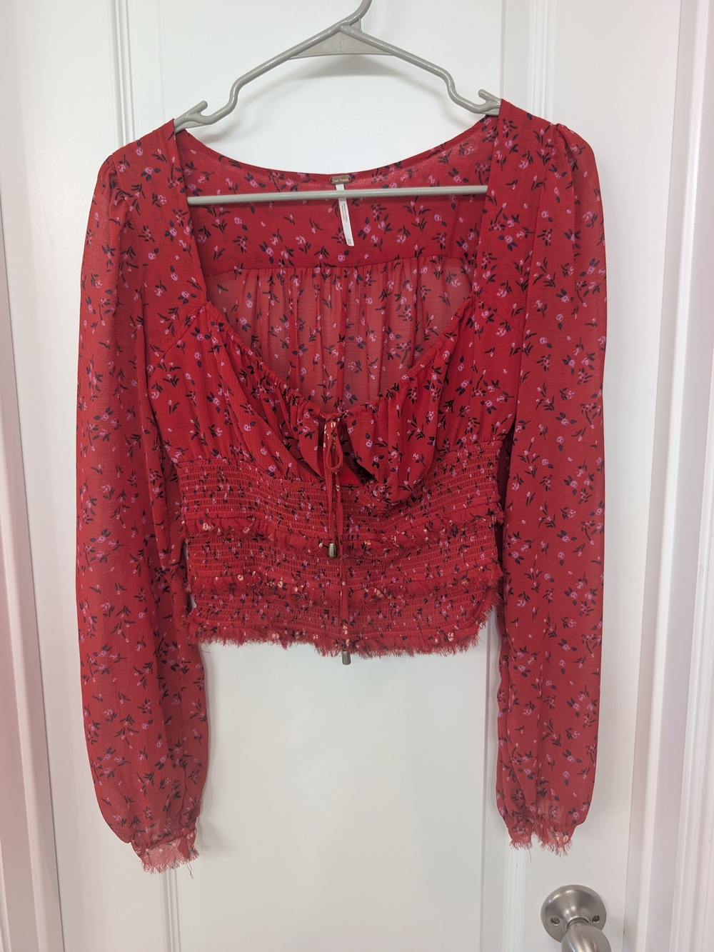 Free People Red Floral Smocked Tie-Front Crop Top
